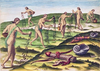 Como as mulheres lamentam no cemitério, de &39;Brevis Narratio ..&39;, gravado por Theodore de Bry (1528-98) publicado em Frankfurt, 1591